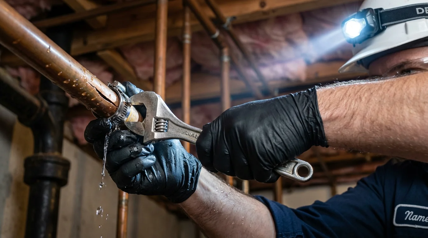 Emergency pipe clamp repair being performed by a Johns Plumbing LLC plumber in Smyrna