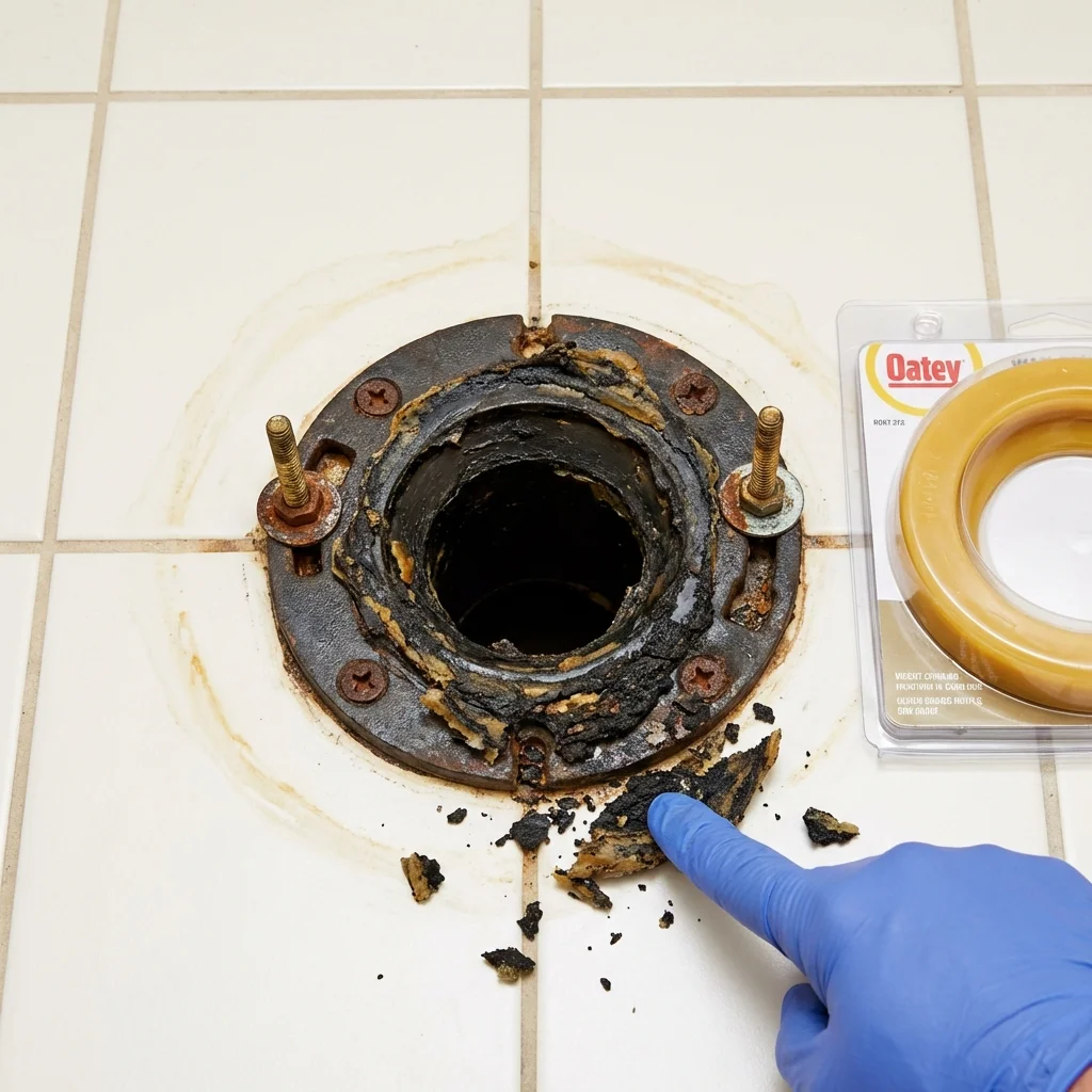 Failed wax ring showing water seepage at the base of a toilet in a Smyrna, DE home