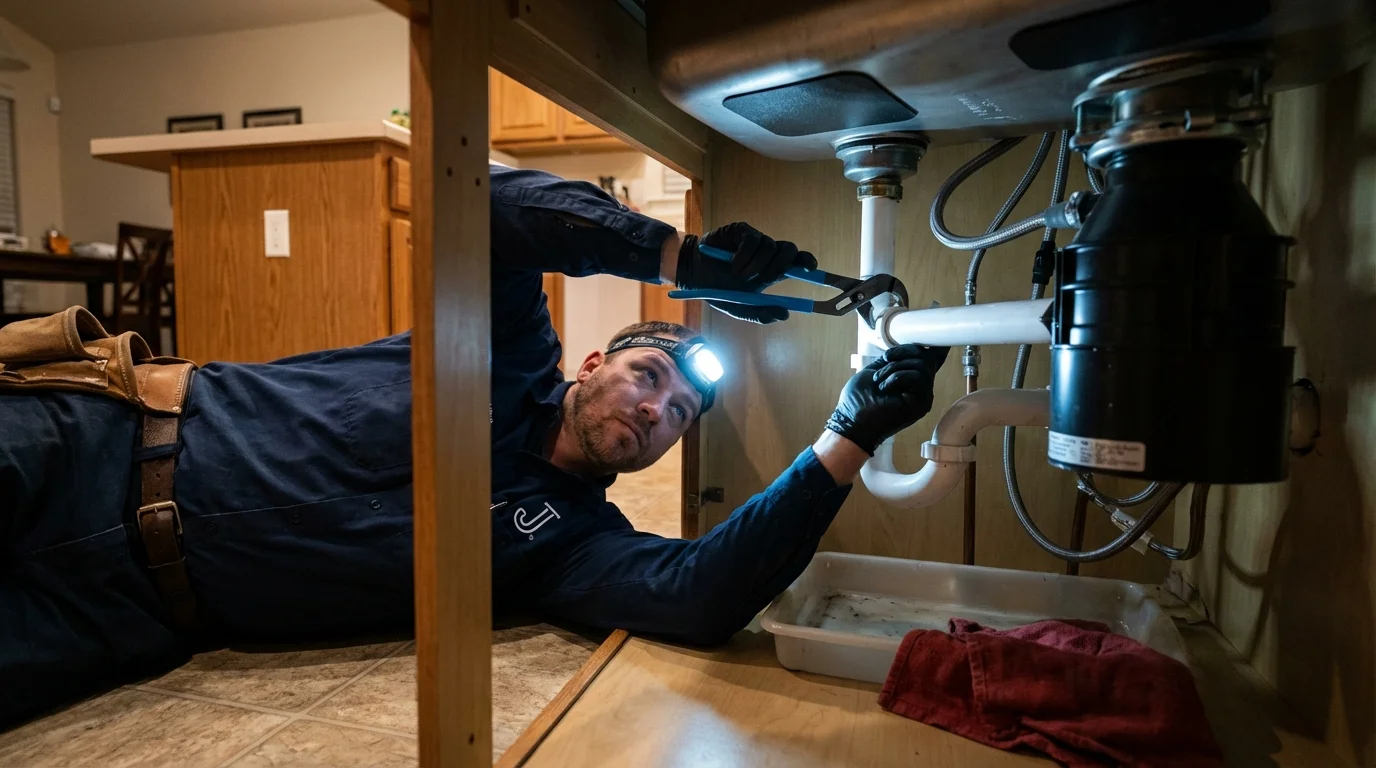 P-trap and supply line connections under a kitchen sink showing a common leak point in Smyrna, DE